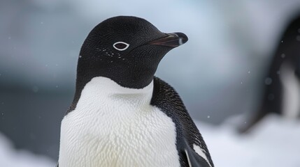 Capture the essence of an Adelie penguin's detailed features against the stunning backdrop of its natural habitat