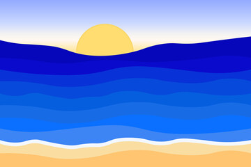 Ocean. Nature landscape, sun, sea, waves, ocean beach. Vector colorful illustration.