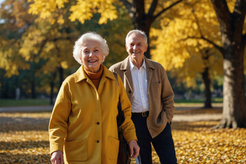 Obraz premium Pensioners, an elderly husband and wife in a sunny autumn park. Yellow maple leaves are falling from the sky.