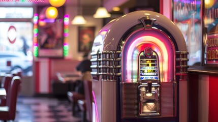 Defocused background image of a Rock n Roll Diner Time The hustle and bustle of a busy diner fades into the background leaving behind the vibrant colors and energy of the scene. The .