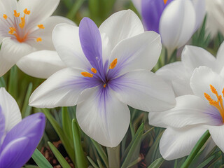 Colorful background of white, lilac crocuses