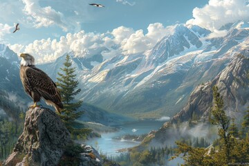 serene mountain landscape An eagle in flight catching fish from a lake,Bald eagle flying swoop hand draw and paint color on white background. Bald eagle in flight on isolated background - obrazy, fototapety, plakaty