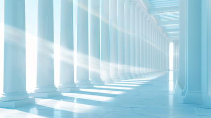 Serene white and light blue hues frame a stunning, spacious widescreen architectural backdrop,