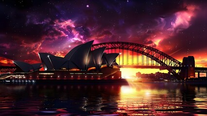 Sydney's Iconic Landmarks: Opera House and Harbour Bridge at Sunset. Concept Sydney, Australia, Landmarks, Opera House, Harbour Bridge, Sunset, Photography