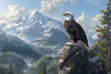 serene mountain landscape An eagle in flight catching fish from a lake,Bald eagle flying swoop hand draw and paint color on white background. Bald eagle in flight on isolated background - obrazy, fototapety, plakaty