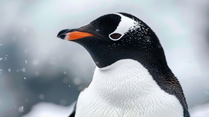 A detailed close-up capture of a Gentoo Penguin with snowflakes on its feathers against a soft, snowy background