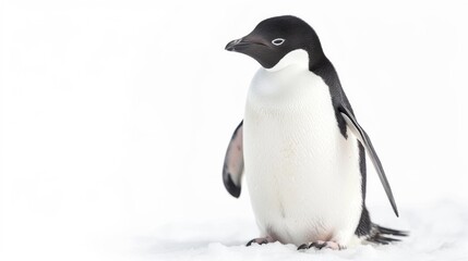 An adorable Gentoo Penguin captured in its natural snowy habitat with ample lighting