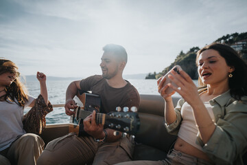A group of friends relax and enjoy music on a boat, with a man playing the guitar and others dancing and taking photos.