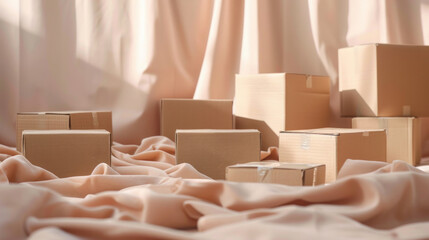 Brown cardboard boxes are considered works of art and have evolved into the modern commercial environment. Place on a light pink cloth.