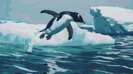 A lively scene capturing a penguin mid-dive into the freezing ocean waters surrounded by icebergs