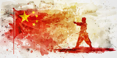 Chinese Flag with a Kung Fu Master and a Tea Ceremony Host - Picture the Chinese flag with a Kung Fu master representing China's martial arts tradition and a tea ceremony