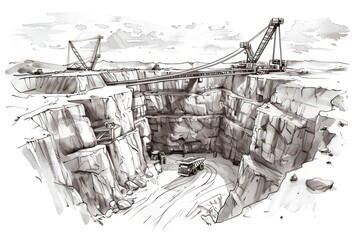 Detailed black and white drawing of a construction site, suitable for architectural projects