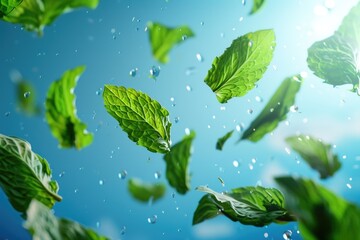 Green leaves floating in the air, suitable for nature concepts