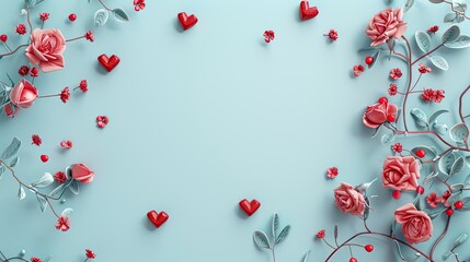 Celebrate the essence of Valentine s Day with a charming backdrop featuring heart shaped roses and decorative red elements set against a soft pastel blue background Perfect for conveying lo