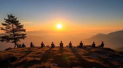 Obraz premium Group of people practicing yoga poses at sunrise on a mountain peak above the clouds, symbolizing peace and mindfulness. Resplendent.