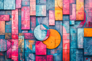 Vibrant mural with dynamic, complex geometric shapes and patterns