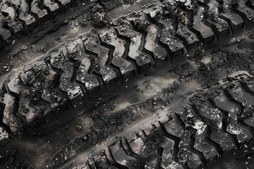 Close up of a tire on a dusty dirt road, suitable for automotive and transportation concepts