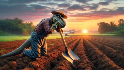 A dinosaur wearing overalls and a straw hat is leaning on a shovel in a farm field. The sun is setting behind the dinosaur.