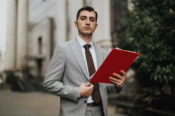 A well-dressed businessperson in a suit stands holding a clipboard, conveying a sense of authority...