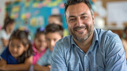 Portrait of a male teacher smiling on the classroom.