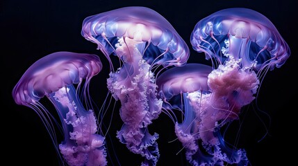 Purple jellyfishes in a black background.