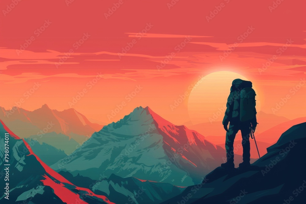 Poster a man standing on top of a mountain with a backpack. suitable for travel and adventure concepts