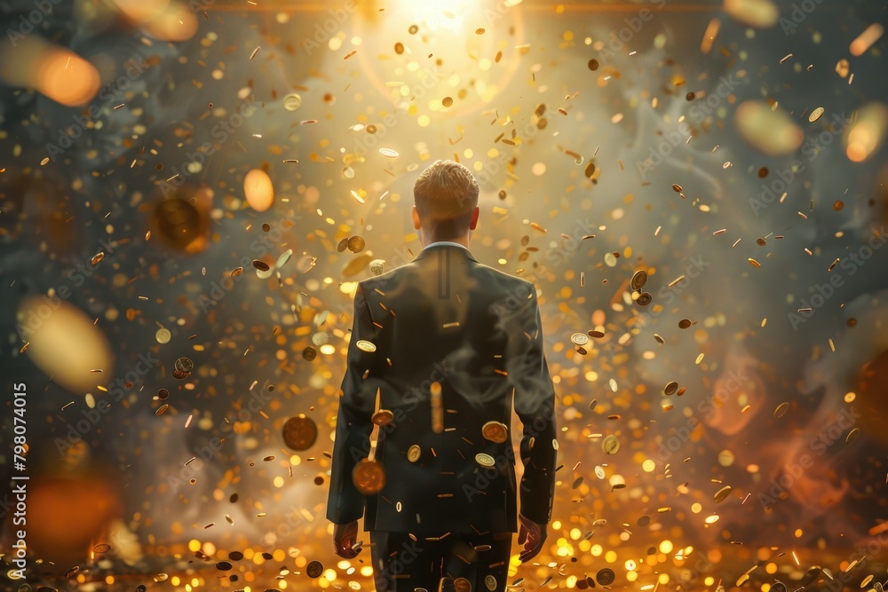 Wall mural A man in a suit standing in a field of gold coins. Suitable for financial concept designs