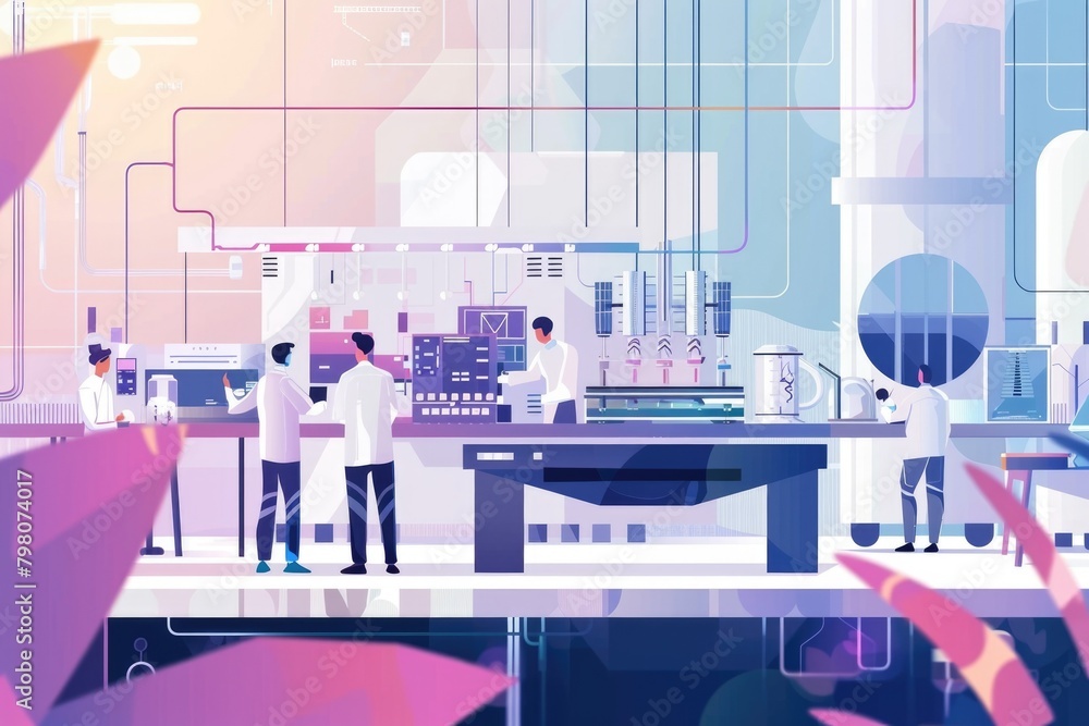 Poster a group of people collaborating in a laboratory setting. ideal for scientific or research concepts