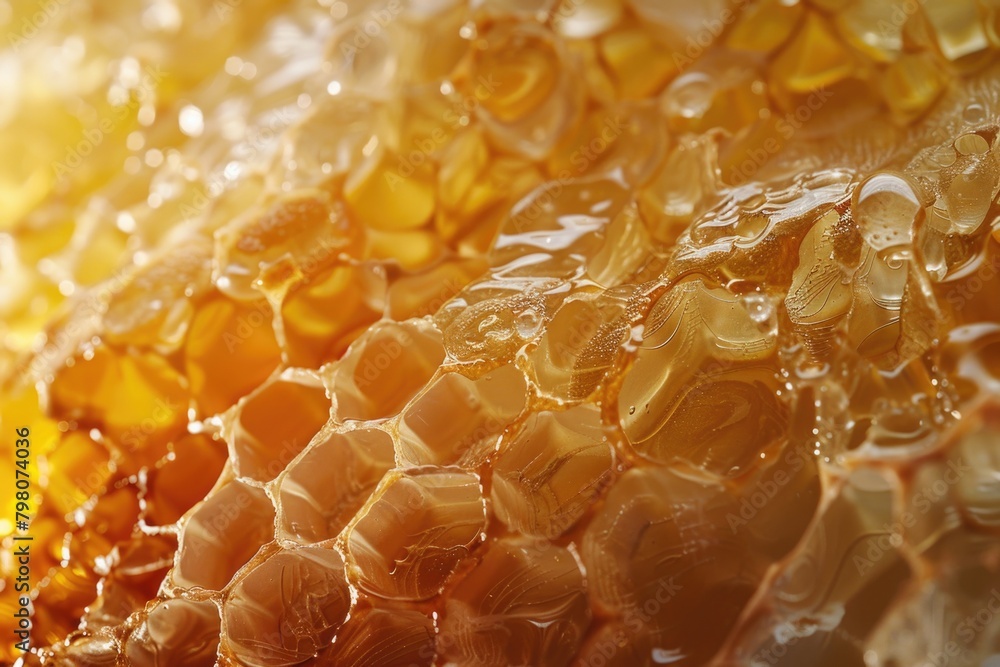 Poster close up view of honeycombs with honey, perfect for food and nature concepts