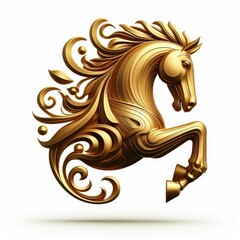 Golden horse logo. 3D gold jewelry model on a white background.