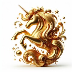 Golden unicorn logo. 3D gold jewelry model on a white background.