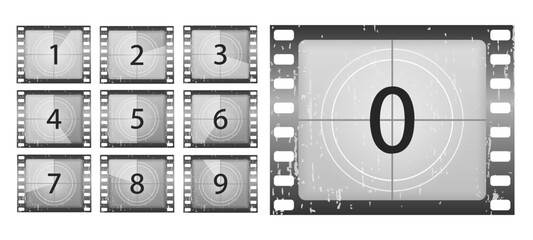 PNG, Movies countdown vectors set. Big set a classic film countdown frame at the number one, two, three, four, five, six, seven, eight and nine. Old film movie timer count. Vector Illustration