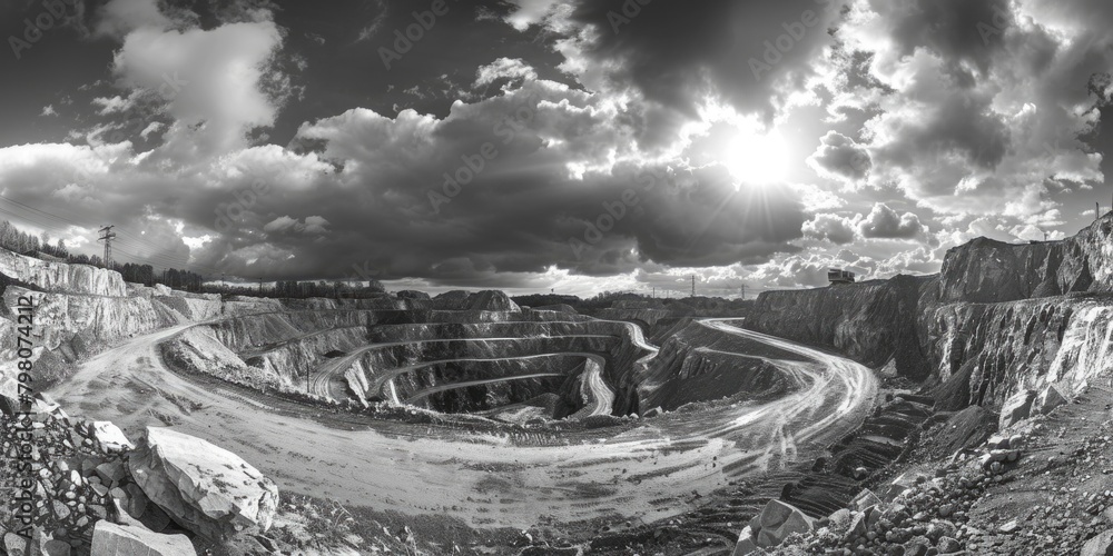 Poster a black and white photo of an open pit. suitable for industrial concepts