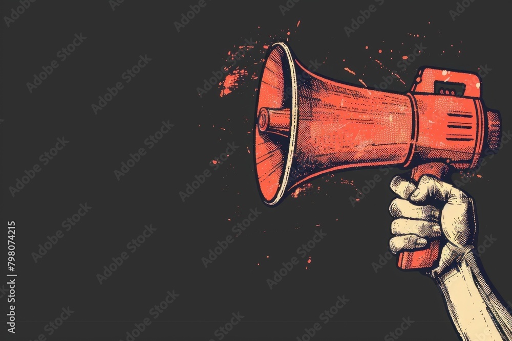 Poster a powerful red megaphone held in a hand. ideal for communication concepts