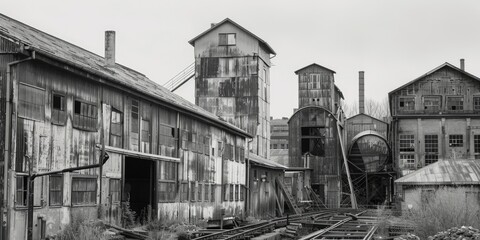 Vintage black and white photo of an old factory, suitable for industrial concepts
