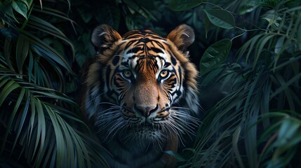 Majestic tiger prowling through the dense jungle 