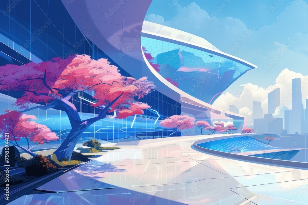 Aufkleber a futuristic cityscape with cherry trees in the foreground. ideal for tech or nature concepts