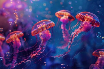 A group of jellyfish floating in the water. Suitable for marine-themed designs