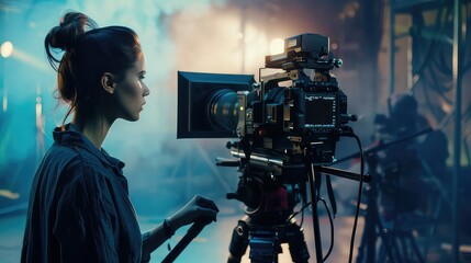 Behind the scene. Actor in front of the camera on the film set in film studio.