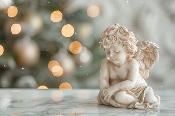 A serene angel statue sitting on a table. Perfect for religious or spiritual concepts