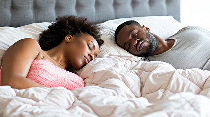 Happy couple sleeping in bed together at home in the bedroom