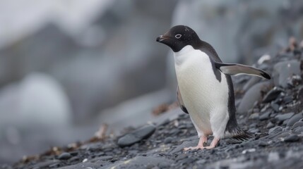Fototapeta premium This image captures a penguin amongst rocks, showcasing the animal in its natural habitat with a focus on realism and detail