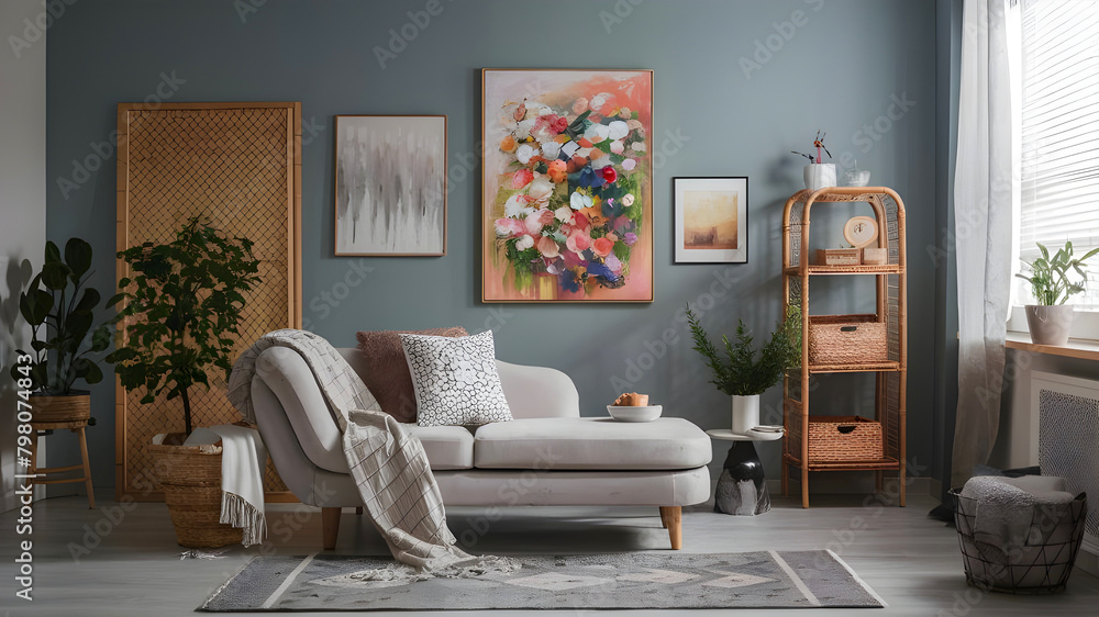 Wall mural modern composition of living room with design chaise longue, mock up paintings, rattan decoration, p - Wall murals