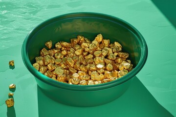 A bowl filled with gold nuggets on a table. Perfect for finance and wealth concepts