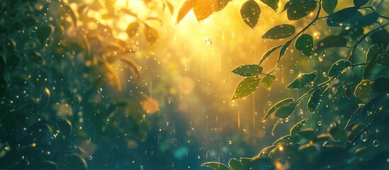 Leaf with morning dew sparkles in golden sunlight, magical sunset in the forest. Fantasy woodland background.