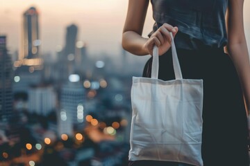Woman holding a white bag with a city in the background. Suitable for urban lifestyle concepts