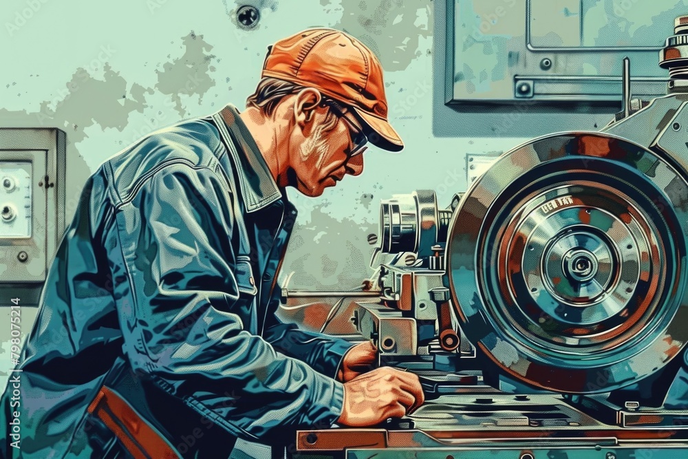 Poster a man is working on a machine. suitable for industrial concepts