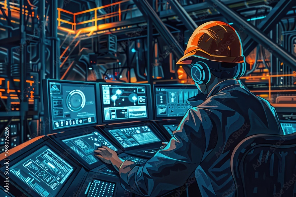 Poster a man wearing a hard hat working at a computer desk, suitable for construction or technology concept