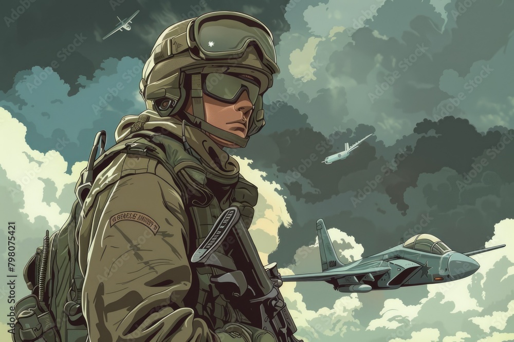 Poster a man in military uniform standing in front of a fighter jet. suitable for military and aviation the