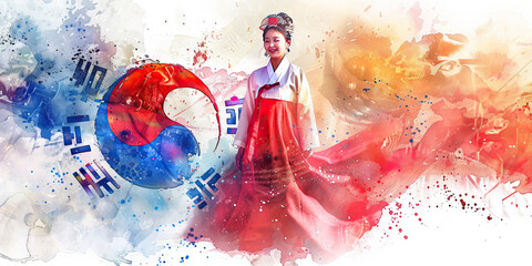 Korean Flag with a Hanbok Designer and a Kimchi Maker - Picture the Korean flag with a hanbok designer representing Korea's traditional clothing and a kimchi maker